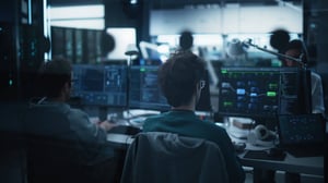 Equipo de desarrollo trabaja frente a múltiples pantallas con código en oficina tech con iluminación tenue.