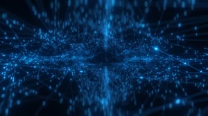 Visualización abstracta de conexiones digitales en tonos azules, representando redes de datos y tecnología sobre un fondo oscuro.